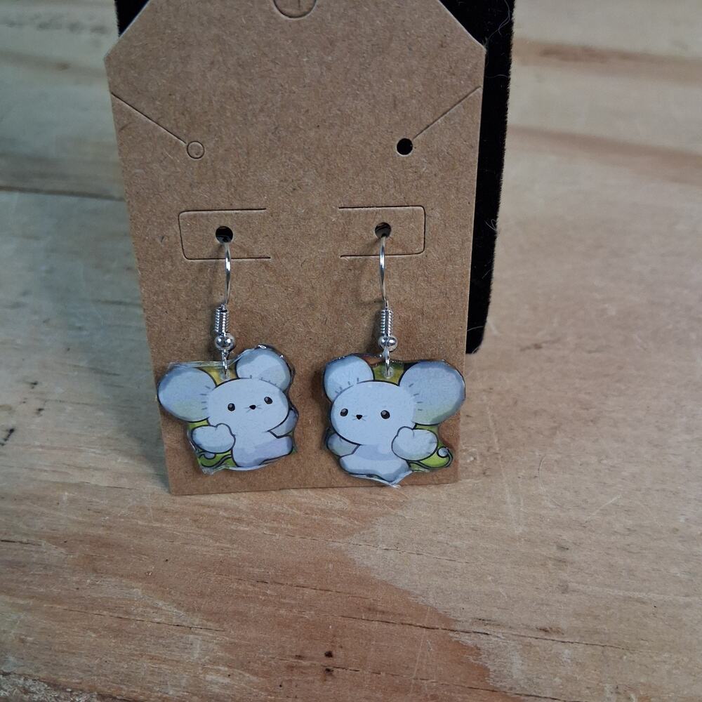 Handmade Tandemaus Dangle Earrings Resin Card Jewelry White Mouse Hook